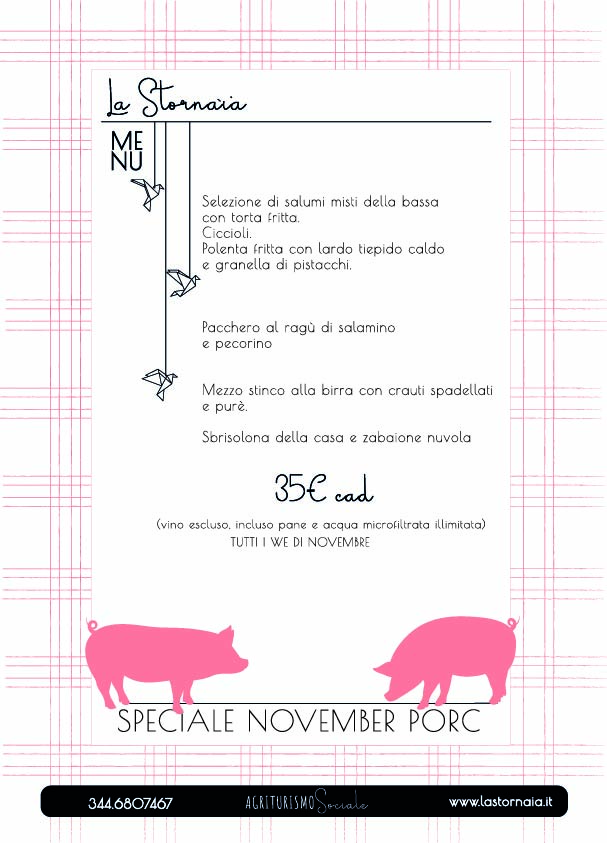 Volantino del menu con sfondo a quadri rosa, due illustrazioni di maiali rosa e piatti elencati per l'evento PORC di novembre. I dettagli includono il prezzo, le informazioni di contatto e il nome del ristorante La Stornaia.