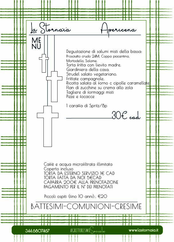 Menu illustrato in bianco e verde per l'apericena La Stornaia, che elenca antipasti, pizza, bevande e dessert. Prezzo: 30 euro a testa. Include una sezione per le cerimonie e i prezzi per i bambini. Contatti e sito web in fondo.