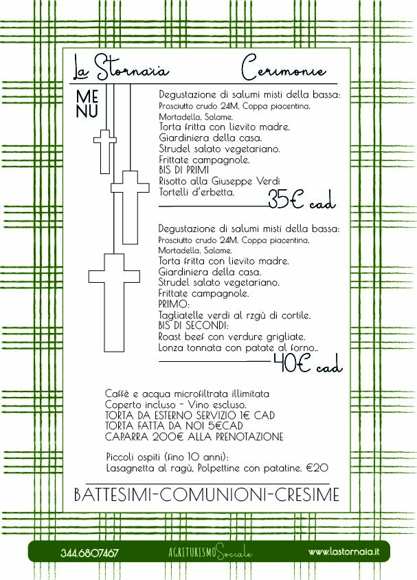 Menu italiano de La Stornaria Cerimonie su sfondo verde a quadri, con opzioni per feste comuni e prezzi a persona, dettagli del menu e informazioni di contatto in basso.
