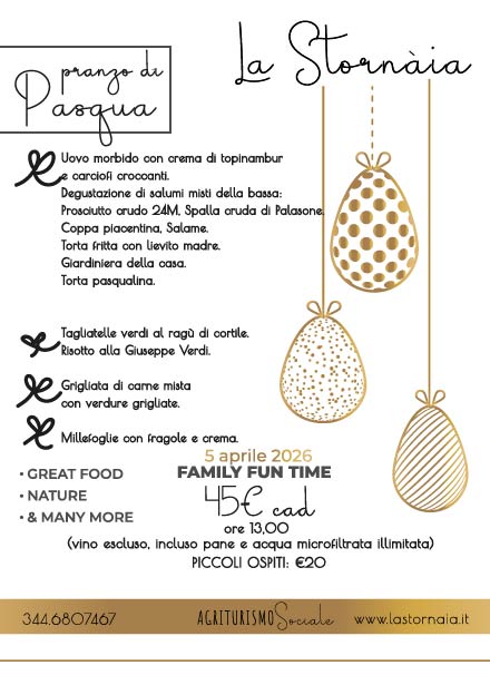 Volantino del pranzo di Pasqua de La StorNaia, con piatti come uova alla coque, tortelli di ricotta, risotto, carne alla griglia e millefoglie. Sono indicati i dettagli dell'evento e i prezzi, con uova di Pasqua decorate in oro come grafica.
