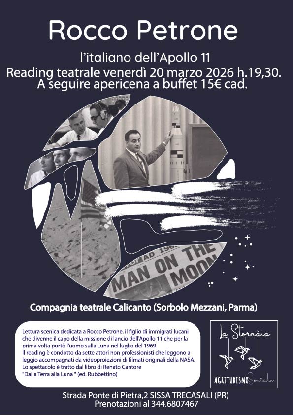 Locandina con immagine stilizzata di un astronauta sulla Luna, con testo relativo a una lettura teatrale su Rocco Petrone e l'Apollo 11, prevista per il 20 marzo 2026, e dettagli dell'aperitivo presso La Stanzìa di Sissa Trecasali.