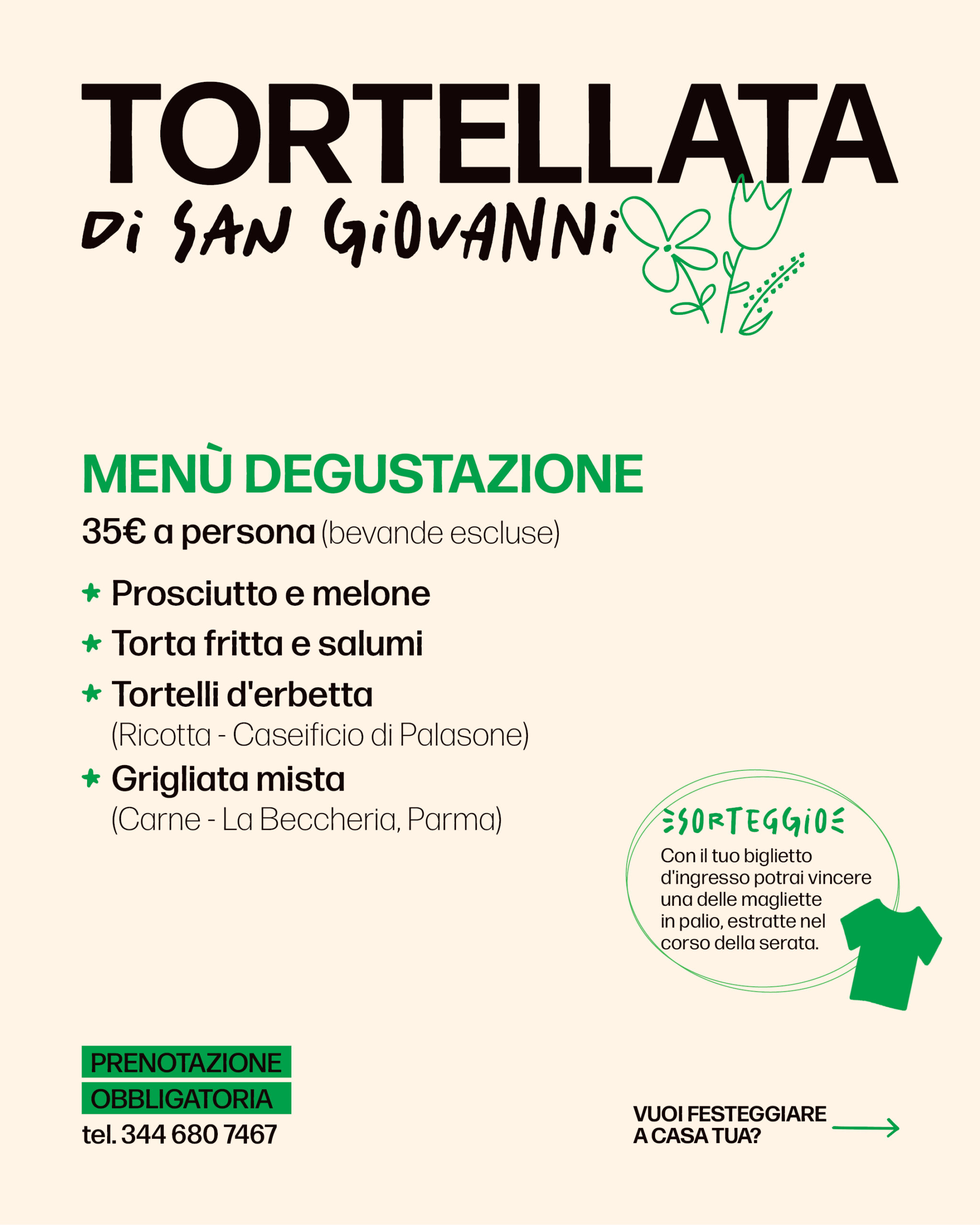 Manifesto per la “Tortellata di San Giovanni” che presenta un menu degustazione a 35 € a persona, un’estrazione a premi e le informazioni di contatto per le prenotazioni. Testo in verde e nero su sfondo chiaro con illustrazioni semplici.