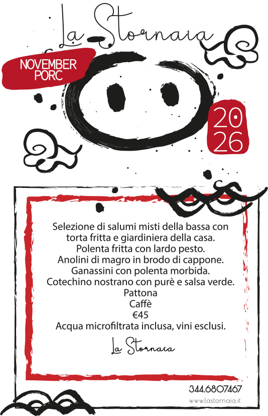 Menu de La Stornaia per novembre 2026, che propone un pasto di più portate a base di piatti tradizionali italiani al prezzo di 45 €.