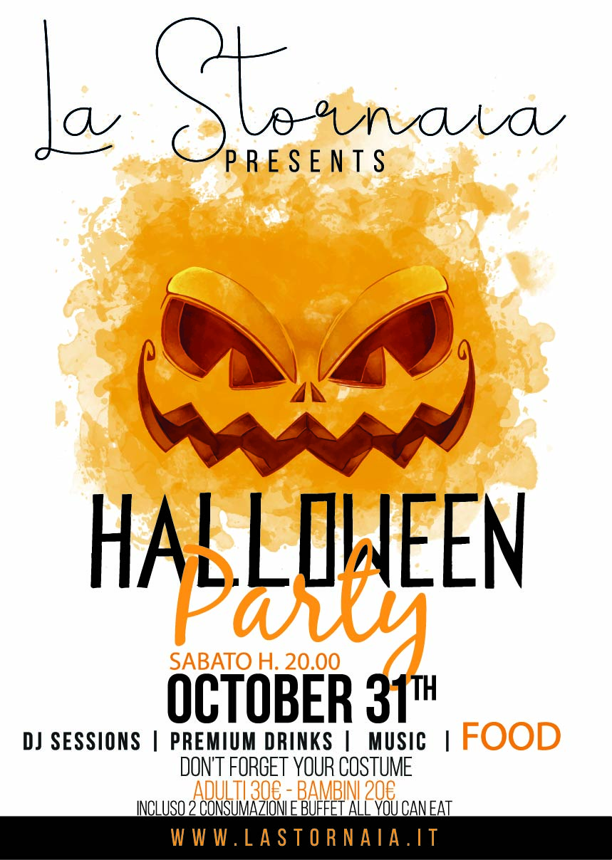 Locandina dell'evento per una festa di Halloween a La Stornaia il 31 ottobre alle 20:00, con cibo, bevande e musica.