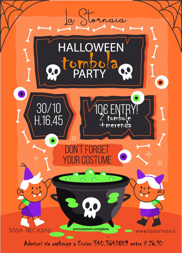 Manifesto dell'evento Festa di Halloween con tombola in programma il 30 ottobre alle 16:45, con l'immagine di un calderone e bambini in costume; l'ingresso costa 10 €, e comprende due partite e uno spuntino.